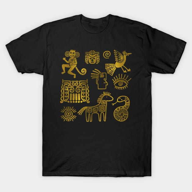 Aztec ancient animals gold symbols T-Shirt by Nartissima